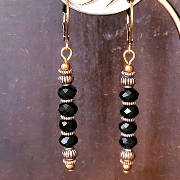 Black CRYSTAL Rondelle EARRINGS Copper Brass Lever Back Earwires Art Deco - Picture 1 of 9